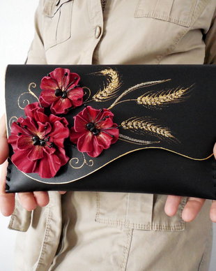 poseta plic handmade unicat din piele - Red Poppies