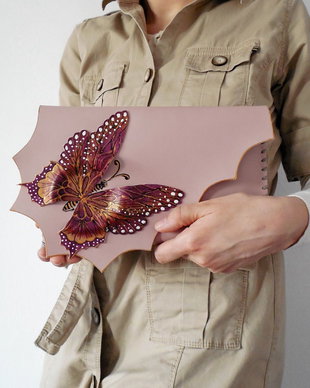 poseta plic handmade unicat din piele - Gold Magenta Butterfly