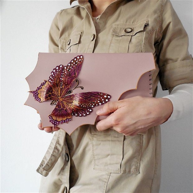 poseta plic handmade unicat din piele - Gold Magenta Butterfly