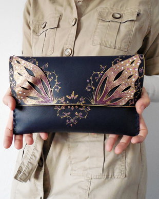 poseta plic handmade unicat din piele - Fairy Wings