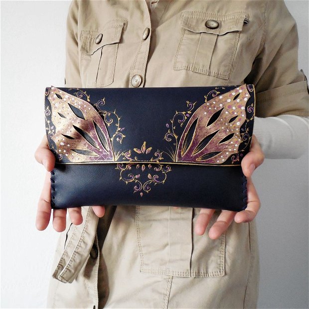 poseta plic handmade unicat din piele - Fairy Wings
