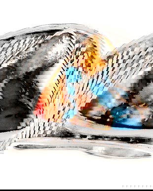 Ag433 - Inel, argint 925, cochilie de stridie cu tepi si turcoaz de Arizona, 8mm