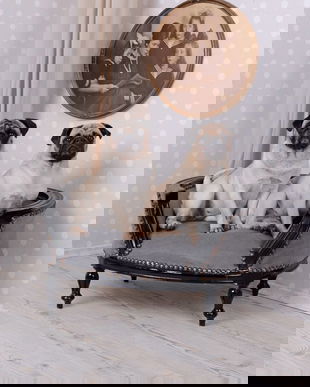 CANAPEA PT.CAINE DIN LEMN MASIV NEGRU CU TAPITERIE GRI