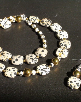 Colier, bratara si cercei din Argint 925, Jasp dalmatian alb negru si Hematit auriu - CO277 - colier jasp, cadou pentru sotie, colier casual
