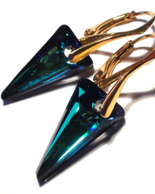 Cercei auriti din Cristale Swarovski spike pendant si argint 925 - CE312.2a - Cercei albastru stralucitor, cercei eleganti albastri, cercei aurii, cadou 8 martie