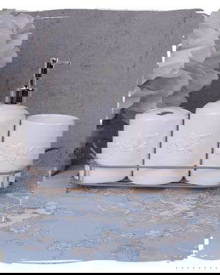 SET PENTRU BAIE DIN PORTELAN ALB CU UN SUPORT DIN FIER FORJAT