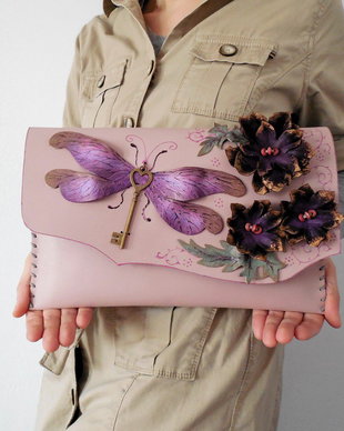 Poseta plic handmade unicat din piele naturala -Bridesmaid's Dragonfly