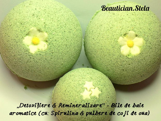 ,,Detoxifiere & Remineralizare'' - Bombe de baie, aromatice (cu: Spirulina si pulbere de coji de oua) - marime medie