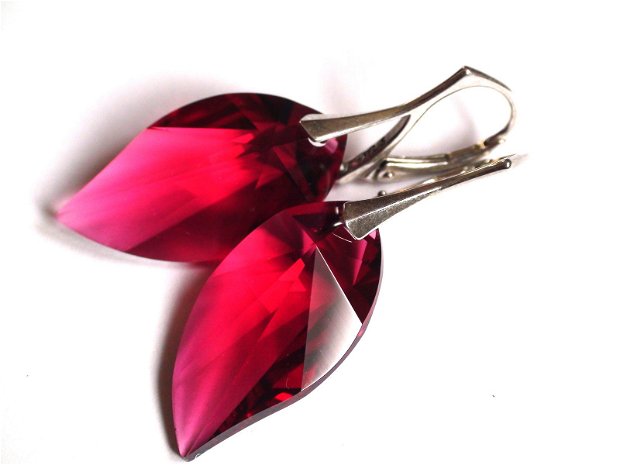 Cercei mari rosii si pandantiv cu Cristale Swarovski leaf si argint 925 - CE340, PA340 - Cercei eleganti, cercei romantici, cercei mari stralucitori, cadou pentru ea, cercei ocazie