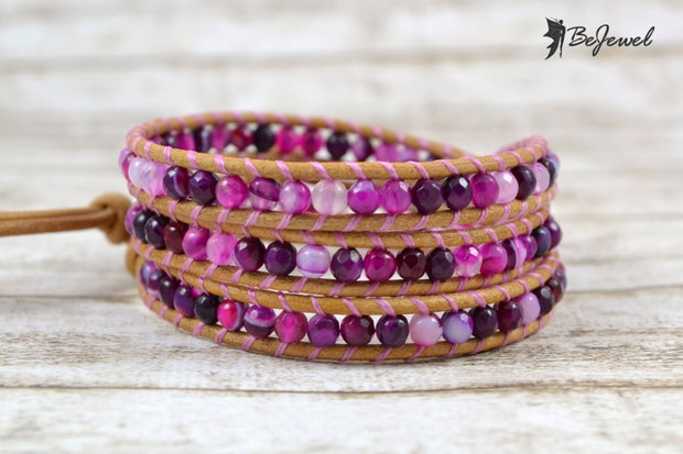 Bratara wrap cu snur de piele si agate ''Happy Orchid''