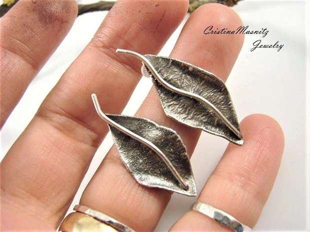 Cercei frunza cu tija, din argint 925 reticulat si partial oxidat