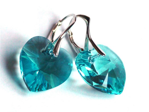 Cercei mari turcoaz din Cristale Swarovski inima si argint 925 - CE328 - cercei albastri, cercei stralucitori, cadou romantic