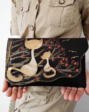 poseta plic handmade unicat din piele - Funky Cats
