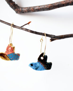 cercei pasari portelan/gold filled - TROPICAL BIRDS + carte postala cadou