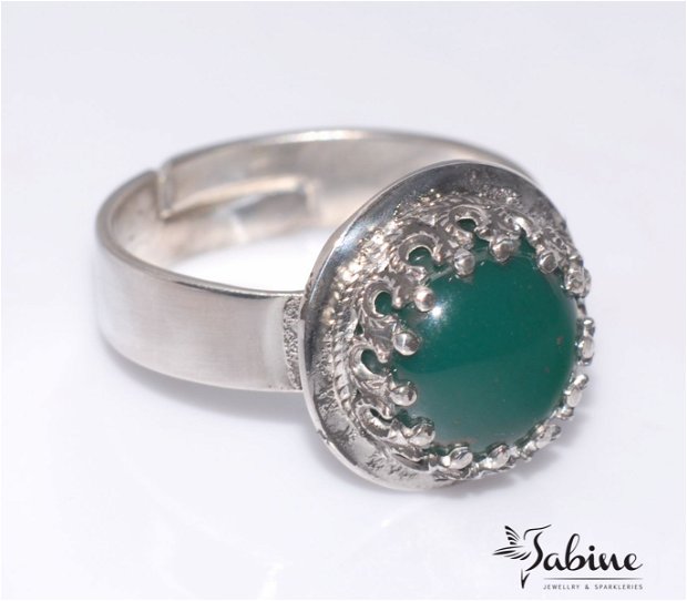 Inel argint 925 si agata verde, cu margine decorativa, inel rotund, reglabil