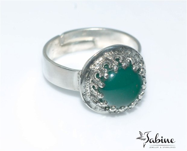 Inel argint 925 si agata verde, cu margine decorativa, inel rotund, reglabil