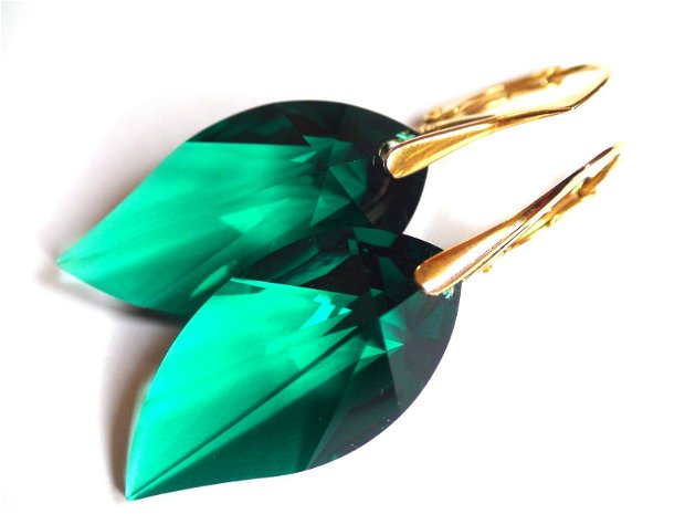 Cercei mari verzi si pandantiv din Cristale Swarovski leaf si argint aurit - CE340.1a, PA340.1a - Cercei eleganti, cercei romantici, cercei mari stralucitori, cadou pentru ea, cercei ocazie, cercei auriti