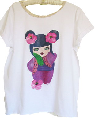 tricou  pictat alb cu maneca scurta