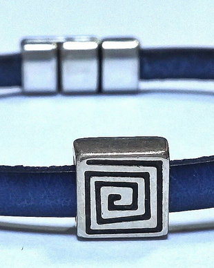 Bratara piele bleumarin 5mm cu slider argintiu motiv grecesc din zamak