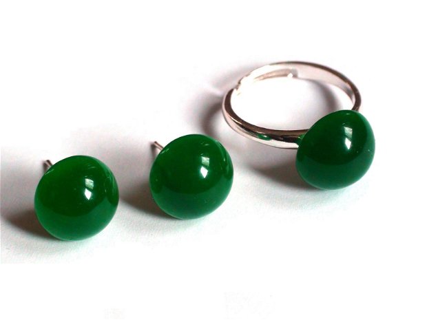 Inel delicat si cercei cu surub din Argint 925 si Agata verde rotunda - IN367, CE367 - Inel pietre semipretioase, inel reglabil, cadou pentru ea, cadou romantic, cercei verzi