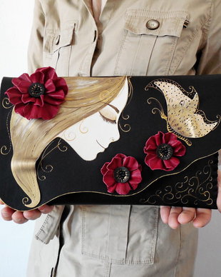poseta plic handmade unicat din piele - Crimson Poppies