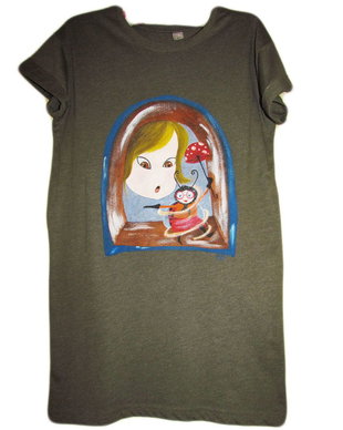 tricou pictat manual kaki cu maneca scurta