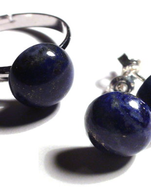 Inel si cercei cu surub din Argint 925 si Lapis lazuli rotund - IN346, CE346 - Inel romantic albastru, inel pietre semipretioase, inel reglabil, cercei albastri, set romantic delicat