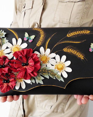 Poseta plic handmade unicat din piele naturala - Wildflowers Bouquet