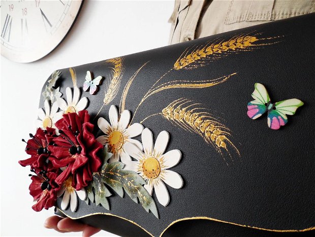 Poseta plic handmade unicat din piele naturala - Wildflowers Bouquet