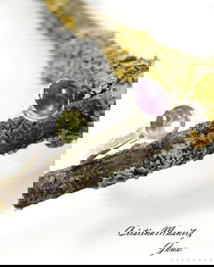 Inel reglabil din argint 925 cu textura de ciocan si pietre de peridot si ametist