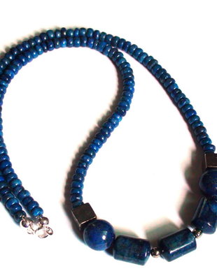 Colier barbati / unisex din Argint 925, Lapis lazuli albastru denim si Pirita aurie - CO369 - Choker elegant, colier casual, colier barbatesc