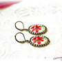 Cercei vintage din portelan cu o floare rosie