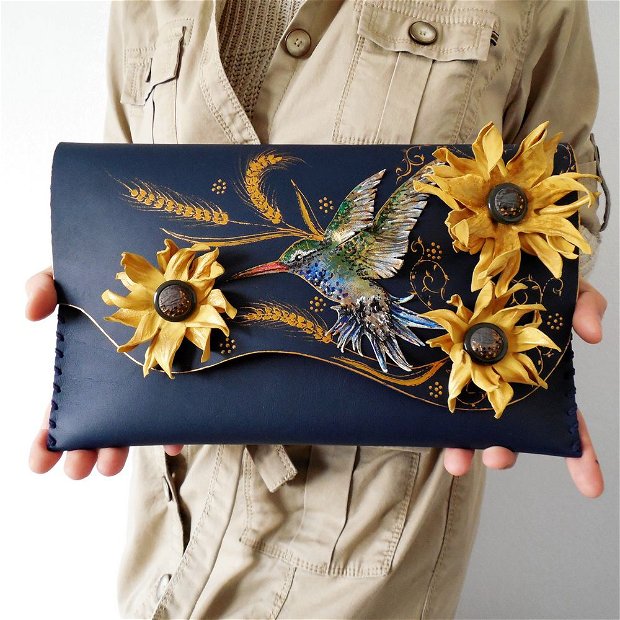 poseta plic handmade unicat din piele - Hummingbird and Sunflower