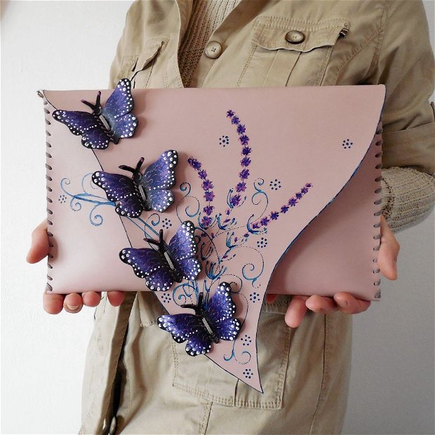 poseta plic handmade unicat din piele naturala -Real Lavender Butterflies