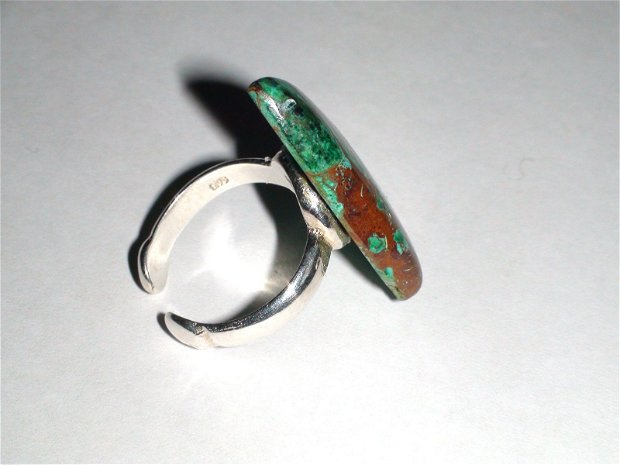 Inel delicat din Argint 925 si Crisocola - IN371 - Inel triunghiular verde maro, cadou romantic, inel pietre semipretioase, inel reglabil, cadou 8 martie