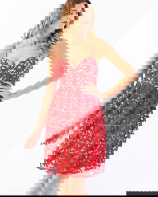 Rochie  rosie, midi, din dantela, MOHITO