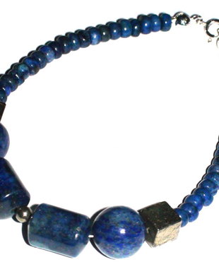 Bratara barbati / unisex din Argint 925, Lapis lazuli albastru denim si Pirita aurie - BR369 - Bratara eleganta, bratara casual albastra, bratara barbateasca