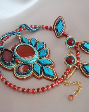 "Turquoise" - Set colier, cercei si inel