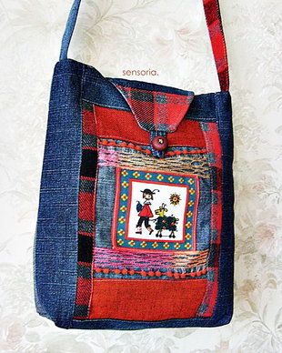 geanta denim cu tablouas bucolic