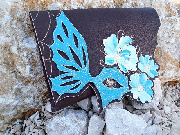 poseta plic handmade unicat din piele - Blue Butterfly Masquerade