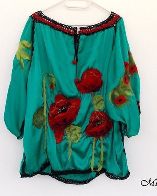 Bluza din matase naturala cu maci rosii 3D impasliti