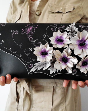 poseta plic handmade unicat din piele - Ivory Flowers