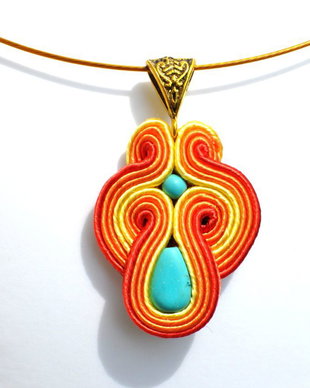Pandantiv soutache portocaliu-turcuaz