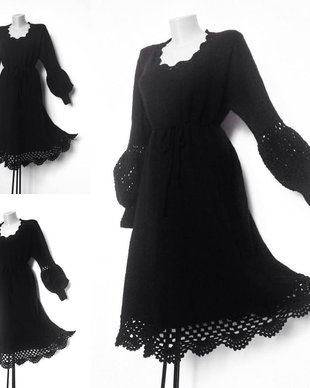 Rochie tricotata neagra cu bordura crosetata dantelata marime mare