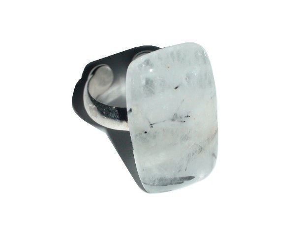 Inel Cuart turmalinat si Argint 925 - IN383 - Inel alb reglabil, inel patrat, inel rutilat, cadou romantic, inel pietre semipretioase, cadou sotie, bijuterii cuart