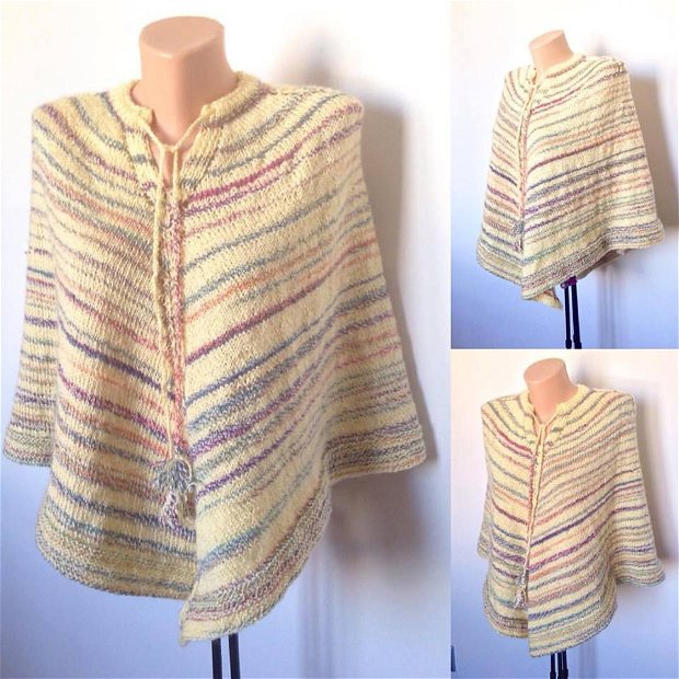 Poncho tricotat din fire combinatie lana