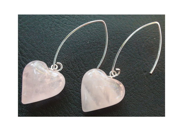 Cercei mari inima din Argint 925 si Cuart roz - CE311 - Cadou romantic, cercei delicati, cercei romantici, cercei roz mari, cadou pentru ea