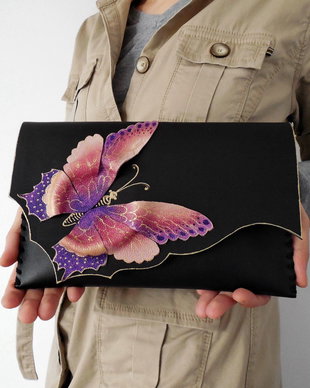 poseta plic handmade unicat din piele - Lila Butterfly