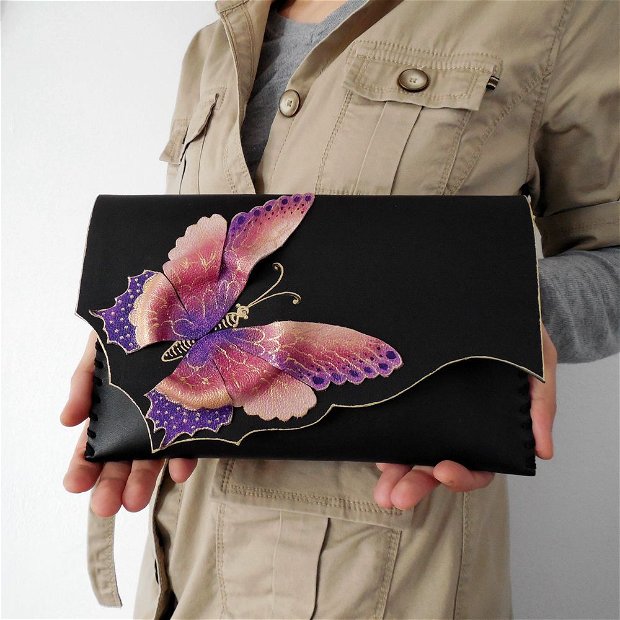 poseta plic handmade unicat din piele - Lila Butterfly