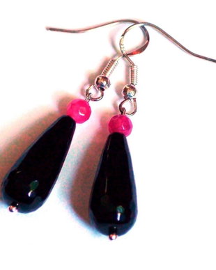 Cercei lungi din Argint 925, Onix negru, Agate roz - CE390 - cadou pentru sotie, cadou elegant, cercei negri pietre semipretioase